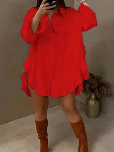 Women Fashion Casual Solid Color Lapel Long-Sleeve Loose Ruffle Hem Loose Blouse