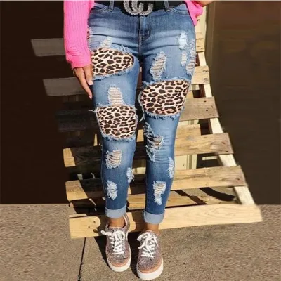 Women Fashion Leopard Printed High Waist Tight Ripped Jeans