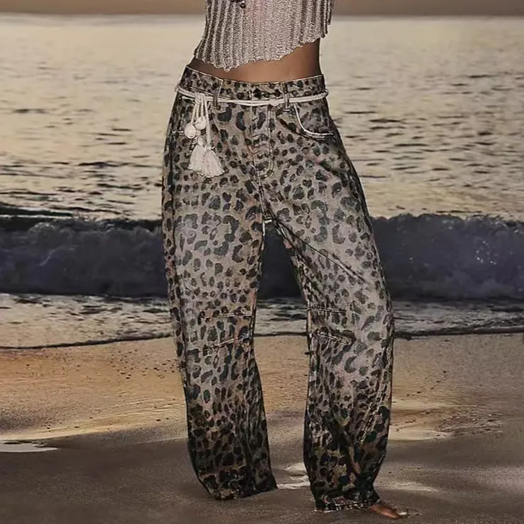Women Fashion Casual Leopard Printed High Waist Straight Wide Leg Jeans