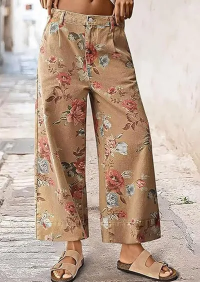 Women Fashion Casual Printed Mid-Waist Wide-Leg Jeans