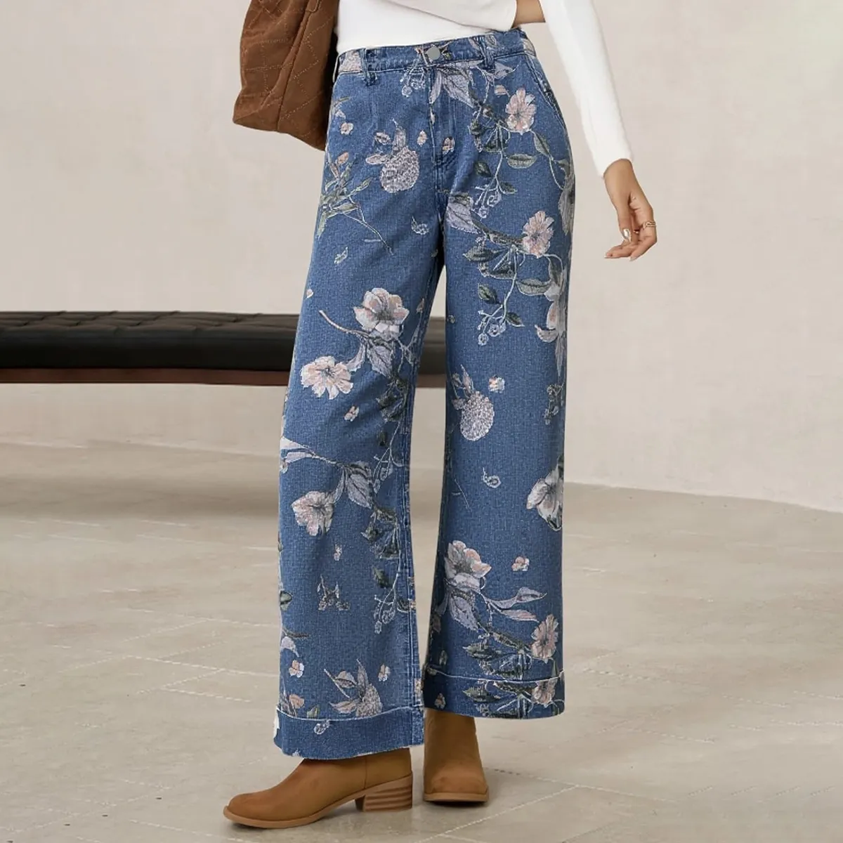 Women Fashion Casual Printed Mid-Waist Wide-Leg Jeans
