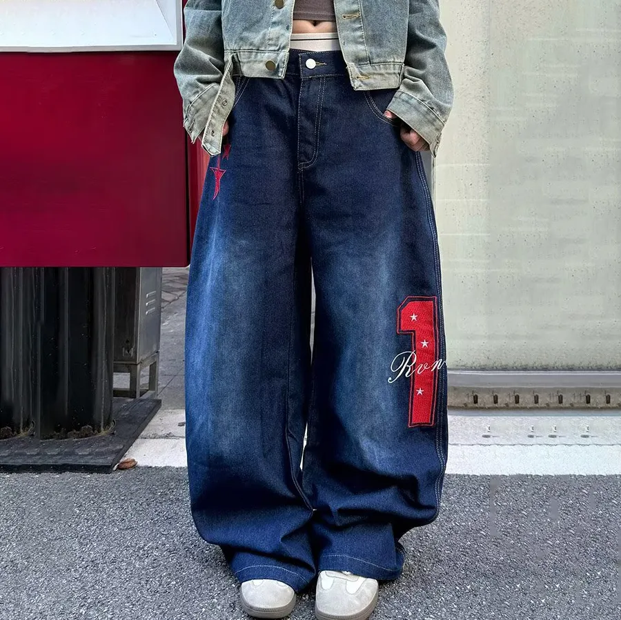 Women Fashion Casual Star Embroidered Loose Straight Wide Leg Jeans