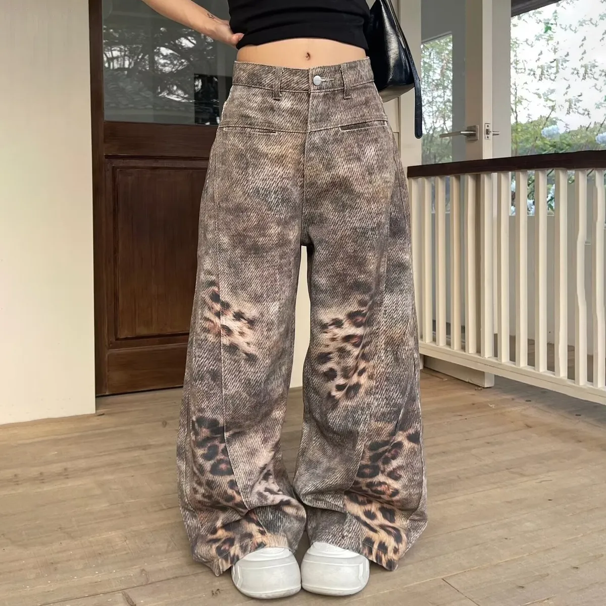 Women Fashion Casual Leopard Loose Wide Leg Jeans