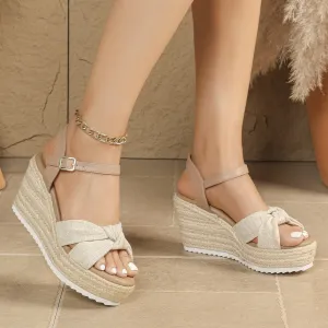 Fashion Women Casual Summer Solid Color Woven Straw Rope Wedge Platform Sandals Extra-High