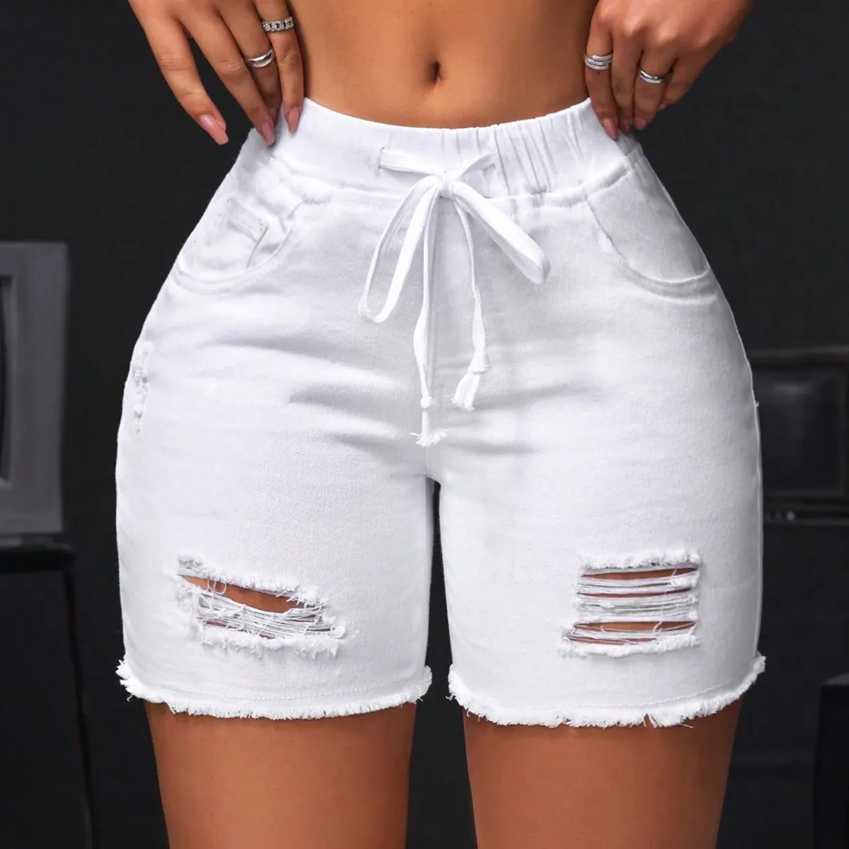 Women Fashion Casual Solid Color Ripped Tassel Denim Shorts