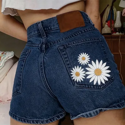Women Fashion Casual Flower Embroidered Washed High Waist Denim Shorts