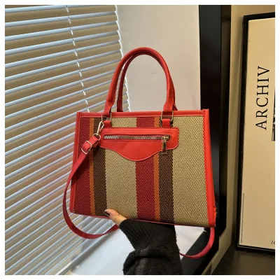 Women Fashion Casual Stripe Contrast Color Large Capacity PU Tote Handbag with Zipper