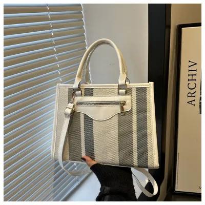 Women Fashion Casual Stripe Contrast Color Large Capacity PU Tote Handbag with Zipper