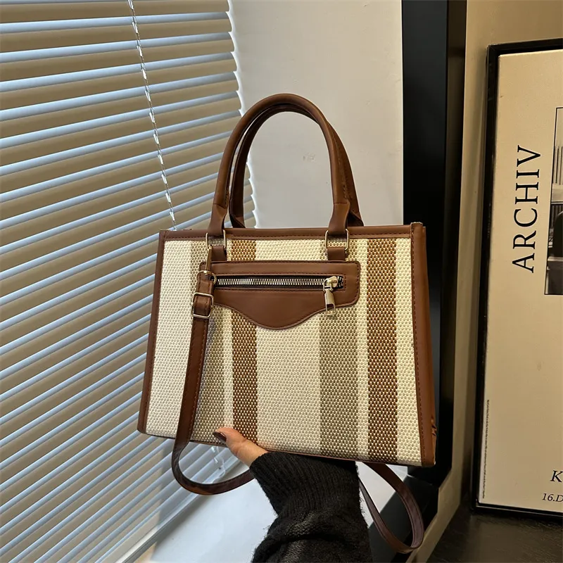 Women Fashion Casual Stripe Contrast Color Large Capacity PU Tote Handbag with Zipper