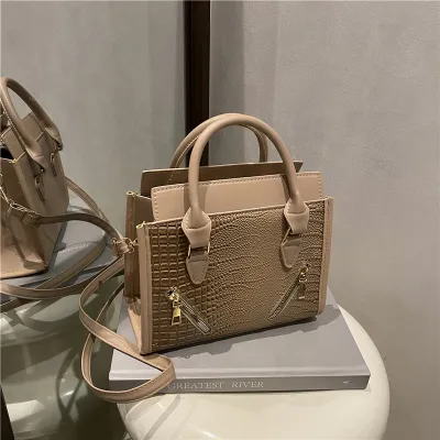 Women Fashion Casual Contrast Color Stitching Crocodile Pattern Portable Large Capacity Handbag
