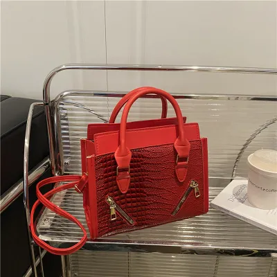 Women Fashion Casual Contrast Color Stitching Crocodile Pattern Portable Large Capacity Handbag