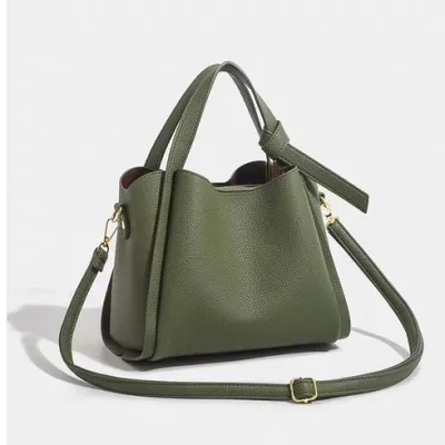 Women Fashion Casual Solid Color Soft Leather Bucket Bag Handbag
