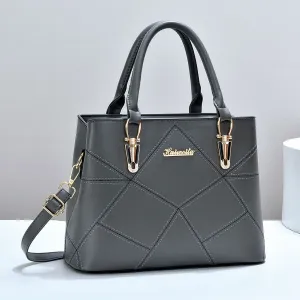 Women Fashion Casual Solid Color Spliced PU Large Capacity Handbag