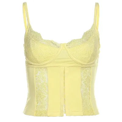 Women Fashion Sexy Summer Solid Color Lace Stitching V-Neck Backless Crop Top