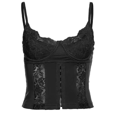 Women Fashion Sexy Summer Solid Color Lace Stitching V-Neck Backless Crop Top