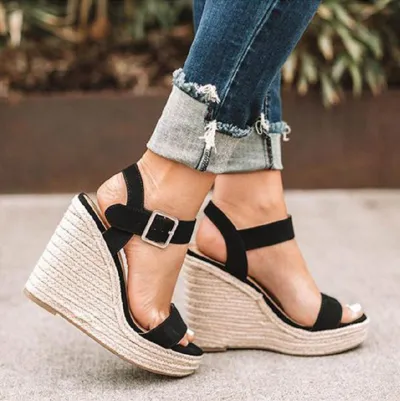 Women's Casual Solid Hemp Woven Peep Toe Wedge Sandals Roman Style