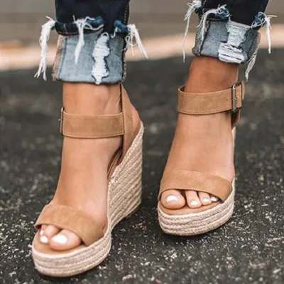Women Fashion Casual Solid Color Hemp Woven Peep-Toe Wedge Sandals