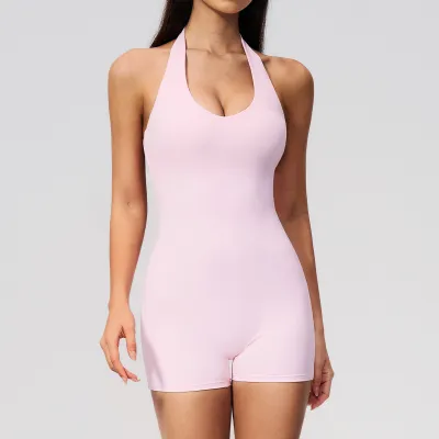 Women Fashion Solid Color V-Neck Halter-Neck Backless Slim-Fit Yoga Rompers