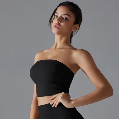Women Fashion Solid Color Pleated Breathable Slim-Fit Yoga Sports Tube Top