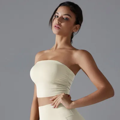 Women Fashion Solid Color Pleated Breathable Slim-Fit Yoga Sports Tube Top