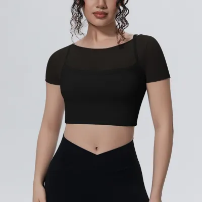 Women Fashion Solid Color Mesh Double-Layer Breathable Fake Two-Piece Short-Sleeve Sports Yoga Crop Top