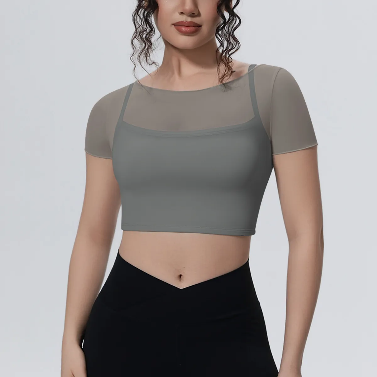 Women Fashion Solid Color Mesh Double-Layer Breathable Fake Two-Piece Short-Sleeve Sports Yoga Crop Top