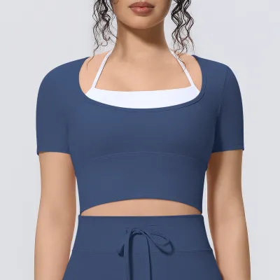 Women Fashion Casual Solid Color Halter-Neck Short-Sleeve Sports Yoga Crop Top