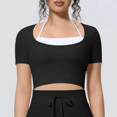 Women Fashion Casual Solid Color Halter-Neck Short-Sleeve Sports Yoga Crop Top