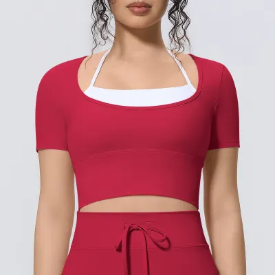 Women Fashion Casual Solid Color Halter-Neck Short-Sleeve Sports Yoga Crop Top