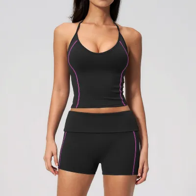 Women Fashion Casual Contrast Color Halter-Neck Camisole Slim-Fit Shorts Yoga Sports Two-Piece Set