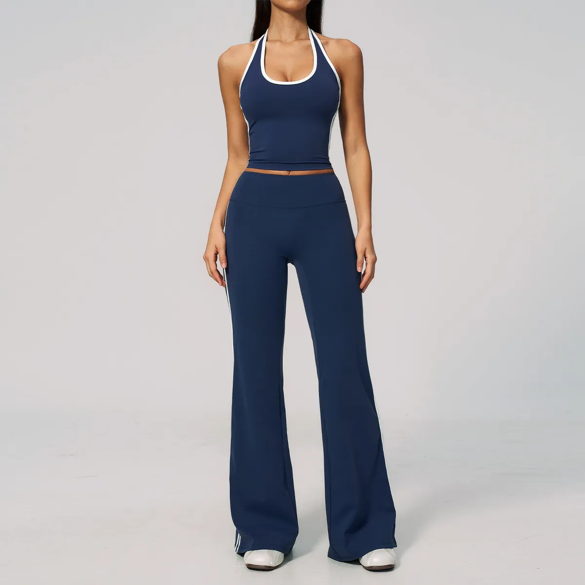 Women Fashion Casual Contrast Color Halter-Neck Tank Top High Waist Pants Yoga Sports Two-Piece Set