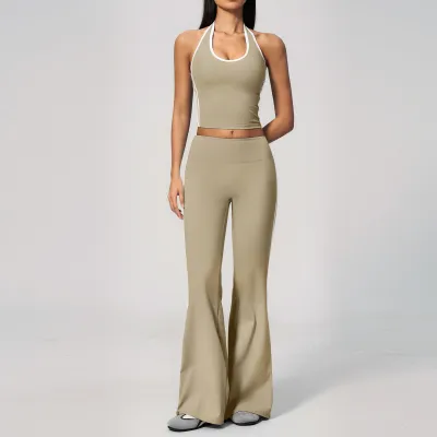 Women Fashion Casual Contrast Color Halter-Neck Tank Top High Waist Pants Yoga Sports Two-Piece Set
