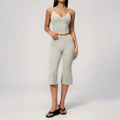 Women Fashion Casual Summer Solid Color Camisole Pants Yoga Sports Two-Piece Set