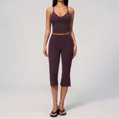 Women Fashion Casual Summer Solid Color Camisole Pants Yoga Sports Two-Piece Set