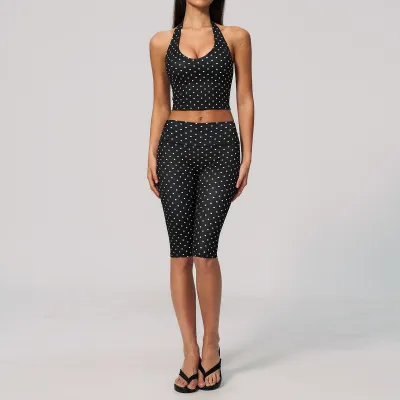 Women Fashion Casual Polka Dot Print Halter-Neck Backless Crop Top Tight Pants Sports Two-Piece Set
