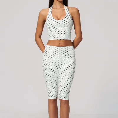 Women Fashion Casual Polka Dot Print Halter-Neck Backless Crop Top Tight Pants Sports Two-Piece Set