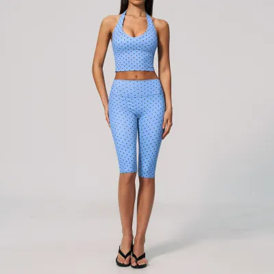 Women Fashion Casual Polka Dot Print Halter-Neck Backless Crop Top Tight Pants Sports Two-Piece Set