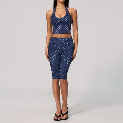 Women Fashion Casual Polka Dot Print Halter-Neck Backless Crop Top Tight Pants Sports Two-Piece Set
