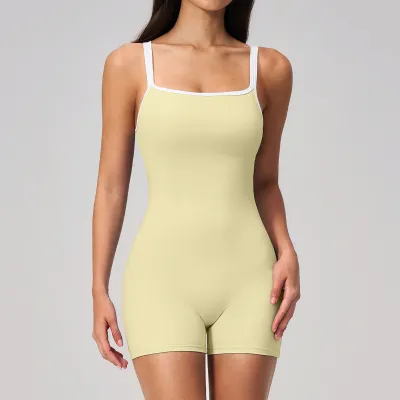 Women Fashion Color Block Sleeveless Tight Square Collar Backless Yoga Sports Rompers