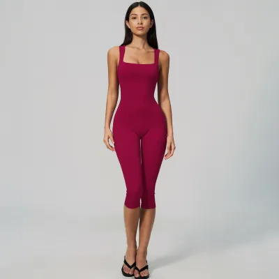 Women Fashion Casual Solid Color Sleeveless Square Collar Tight Yoga Sports Jumpsuits