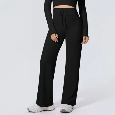 Women Fashion Casual Solid Color Double-Sided Nylon High-Waist Elastic Loose Yoga Pants