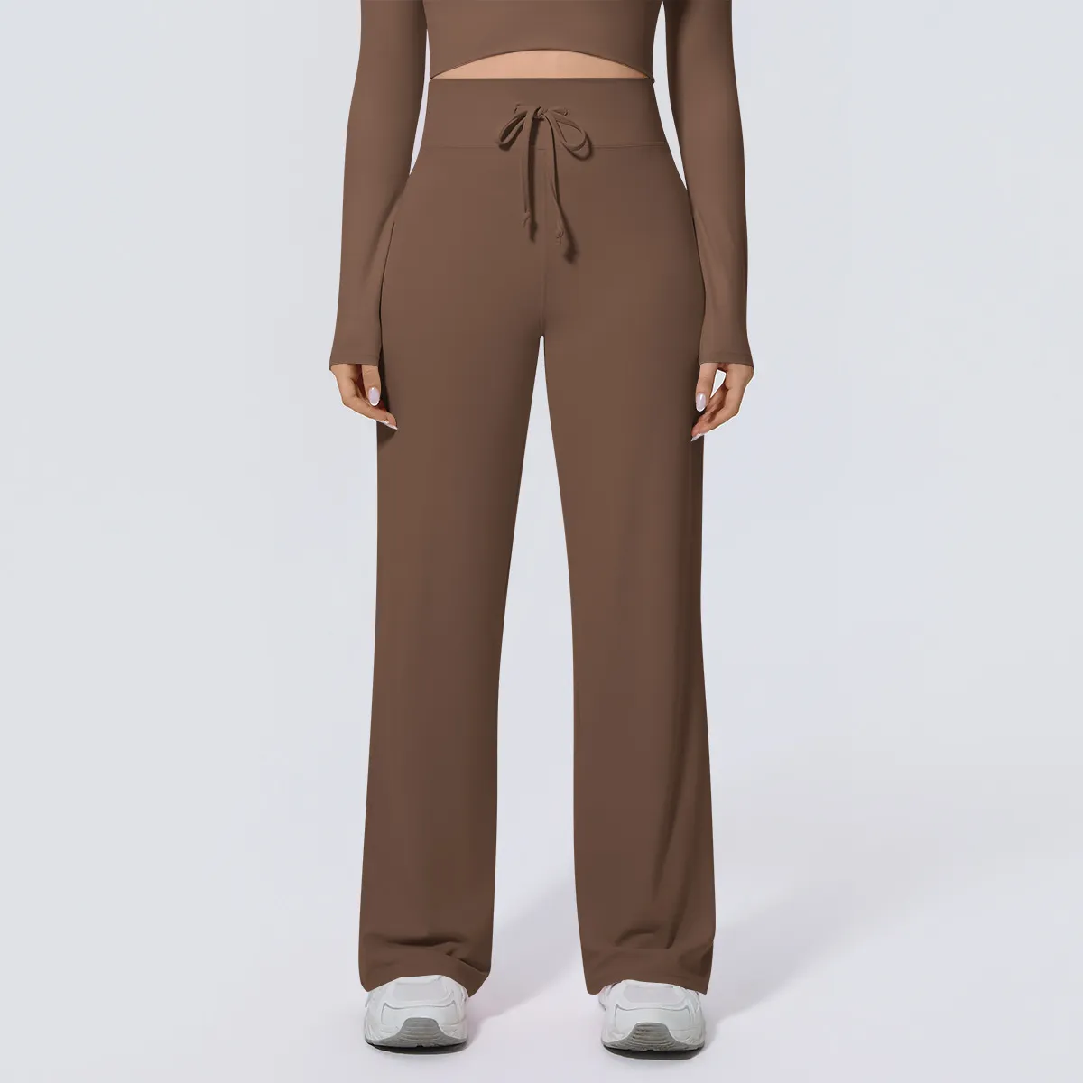 Women Fashion Casual Solid Color Double-Sided Nylon High-Waist Elastic Loose Yoga Pants