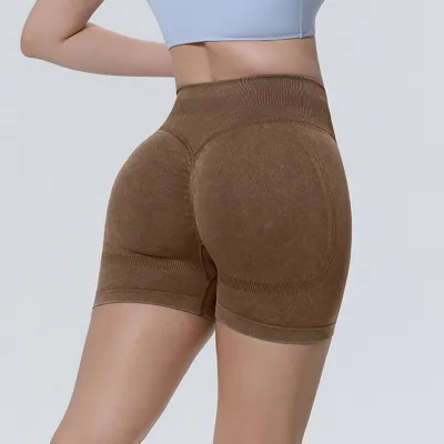 Women Fashion Solid Color Seamless Washed Tight High Elastic Yoga Sports Shorts