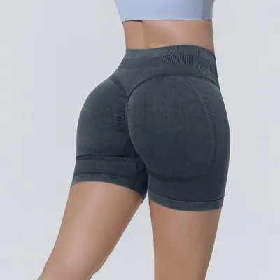 Women Fashion Solid Color Seamless Washed Tight High Elastic Yoga Sports Shorts