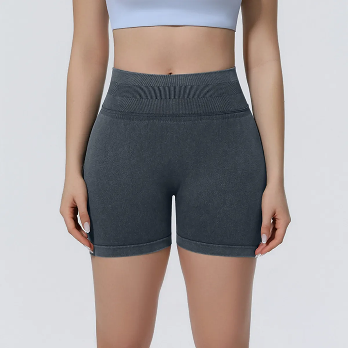 Women Fashion Solid Color Seamless Washed Tight High Elastic Yoga Sports Shorts