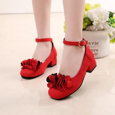 Kids Girls Fashion Elegant Solid Color Spring Autumn Floral PU High Heel Shoes