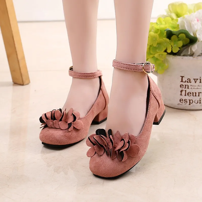 Kids Girls Fashion Elegant Solid Color Spring Autumn Floral PU High Heel Shoes