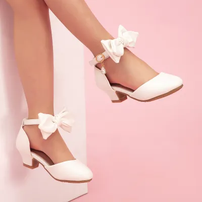 Kids Girls Fashion Elegant Solid Color Hollow Bow High Heel Princess Sandals