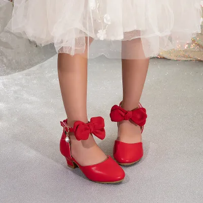 Kids Girls Fashion Elegant Solid Color Hollow Bow High Heel Princess Sandals