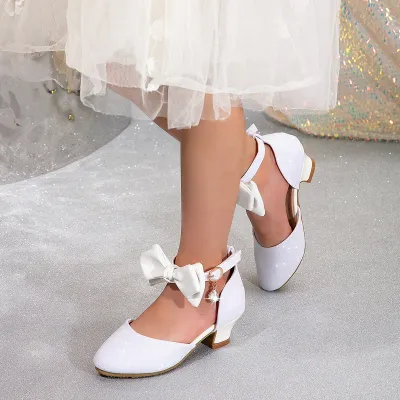 Kids Girls Fashion Elegant Solid Color Hollow Bow High Heel Princess Sandals